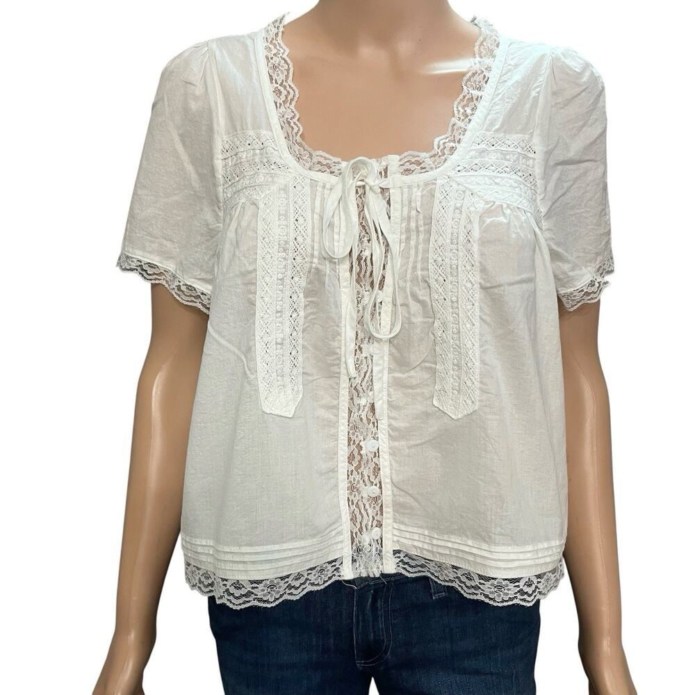 Button Peasant Top Large White Boho Cottagecore Short Sleeve Lace Woven Loose